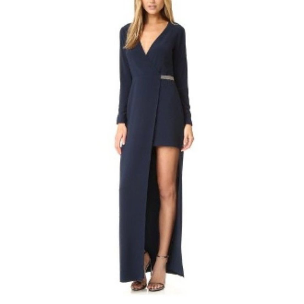 Long Sleeve Navy High-Slit Wrap Dress
